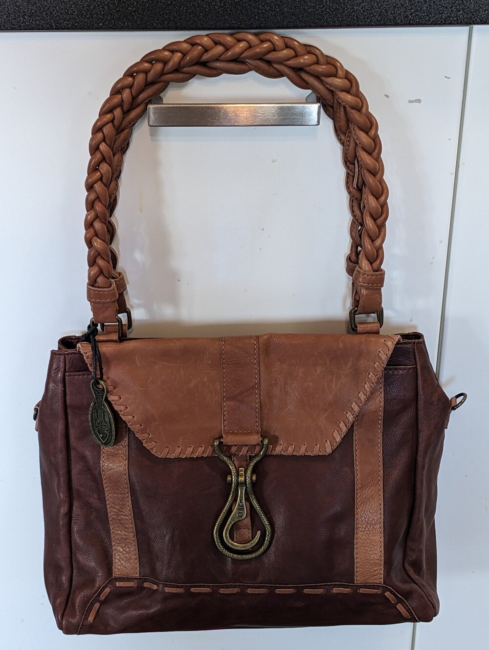 Muxo By Camila Alves Western Leather Boho Braided Handle Tote Bag Two Tone Brown